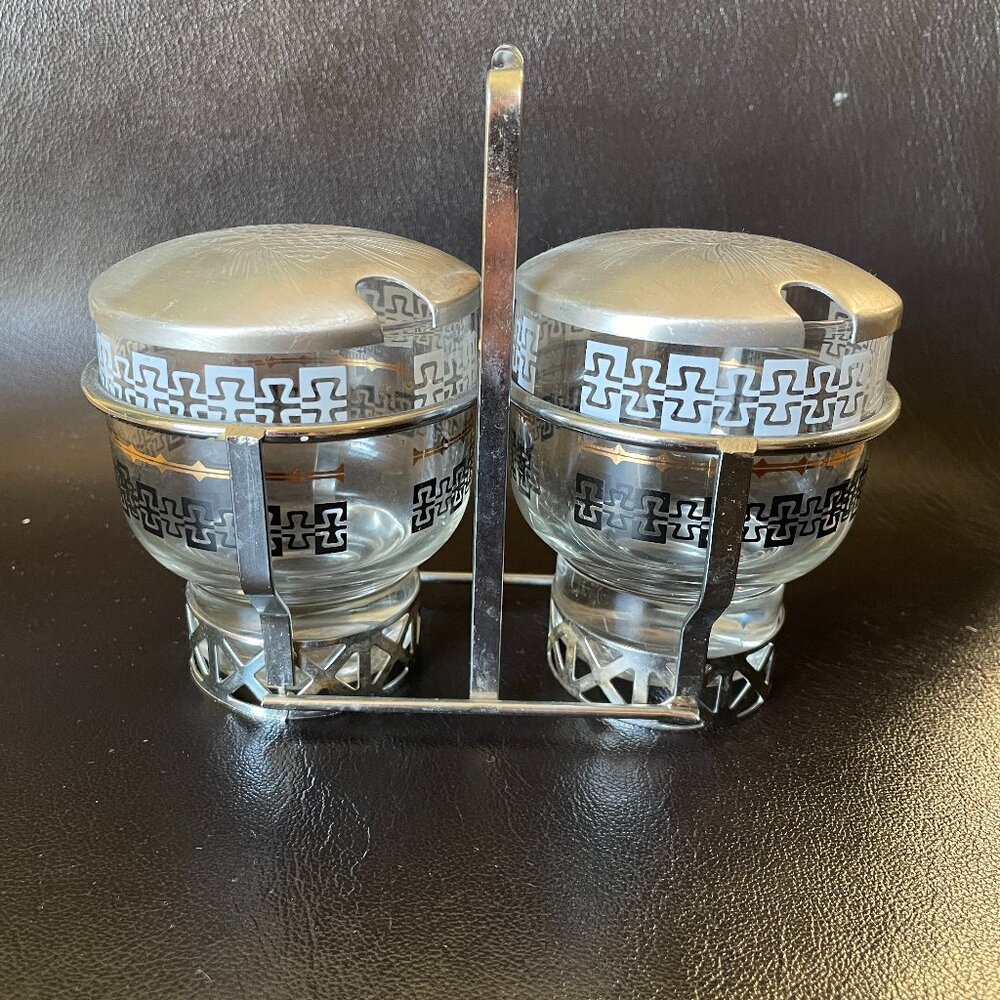Vintage Libbey MCM Chrome Condiment Set: Glass Jars w/ Aluminum Lids
